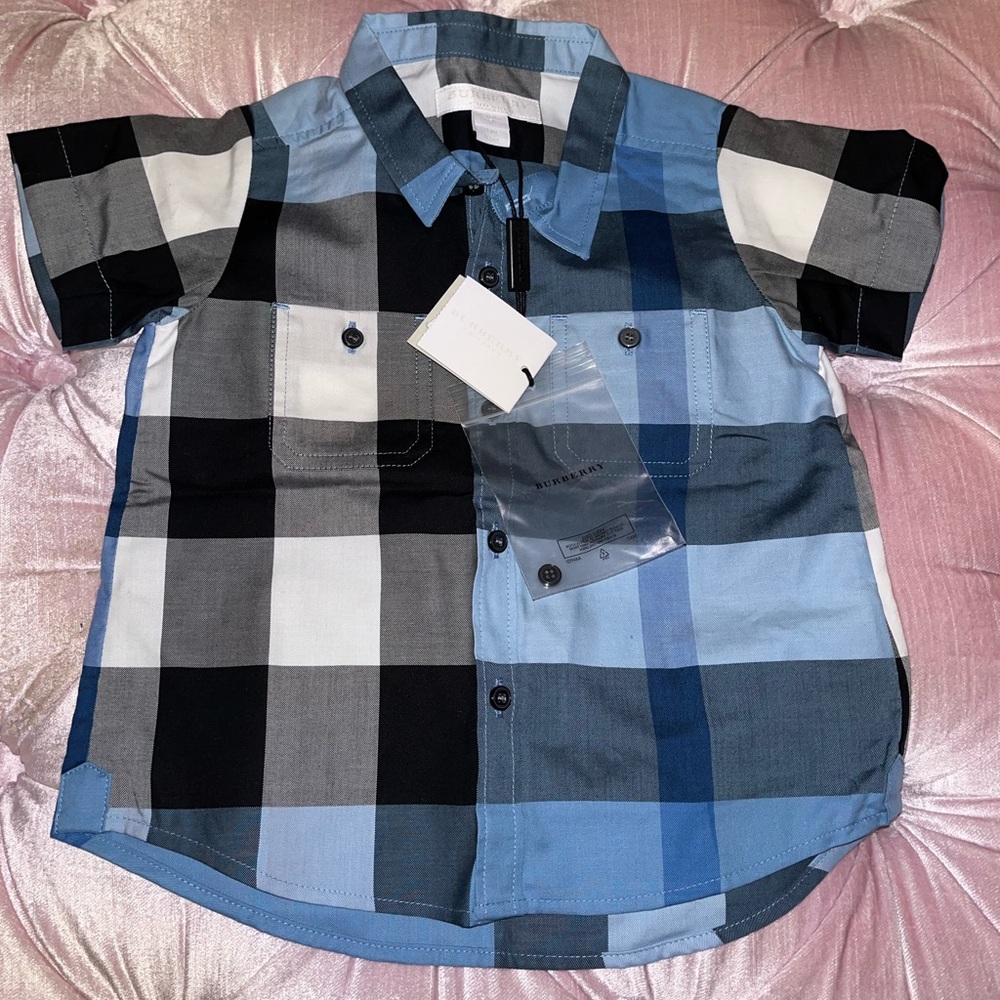 Burberry plaid button up shirt. Size 12 mos. Brand new with tags.